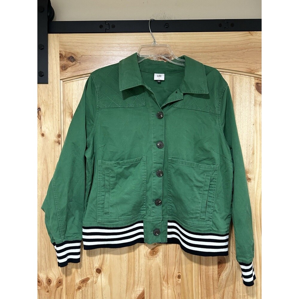 Cabi Women’s Green Jacket Button Front Light Weight Unlined Black White Hem L